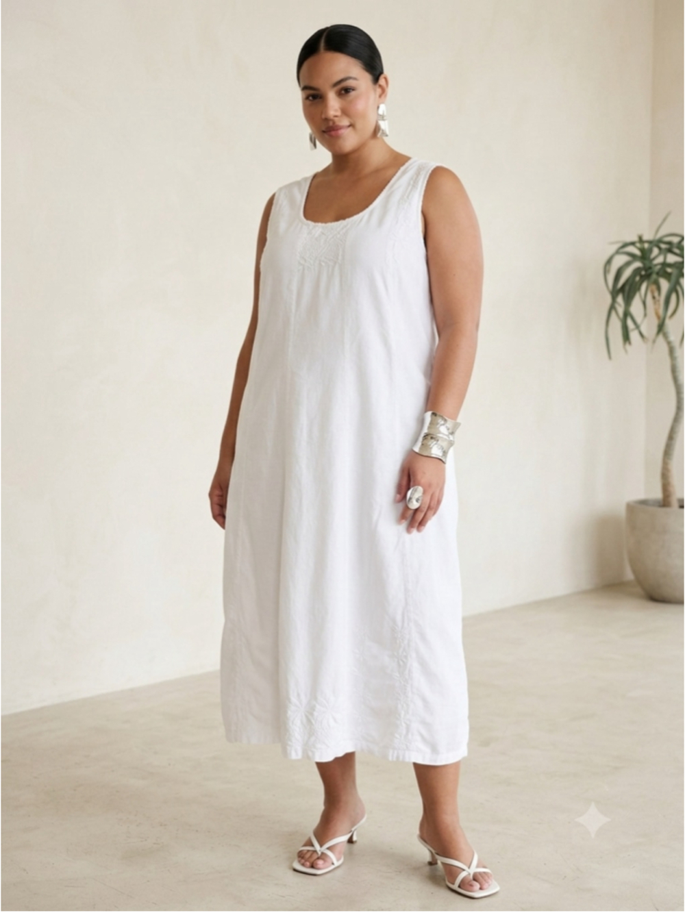 Serengeti White Embroidered Linen Cotton Maxi Midi Dress Womens 1X Cottagecore